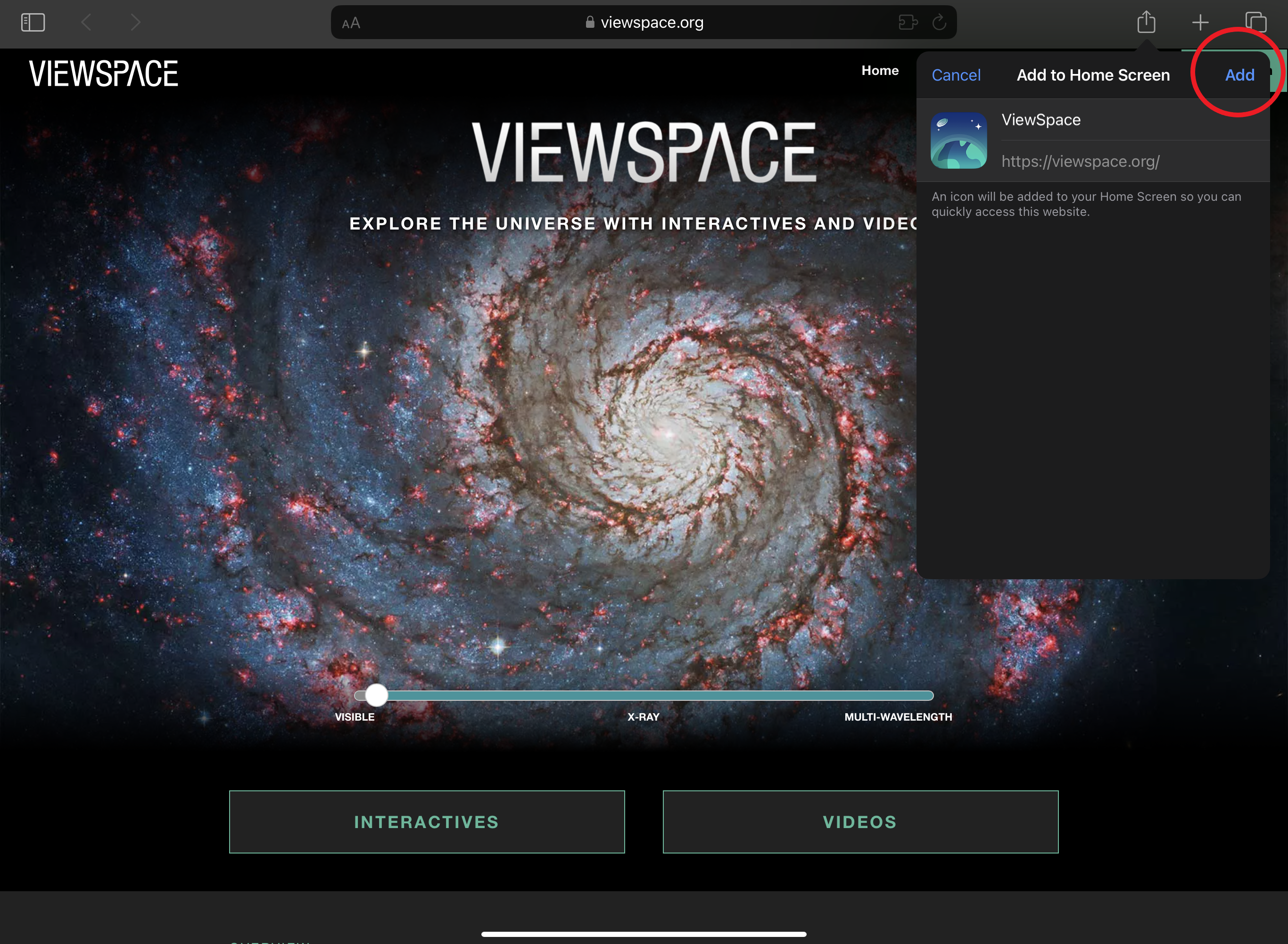 Screenshot of the ViewSpace home screen. In the upper right is the Add the Home Screen menu, with the Add option circled in red.
