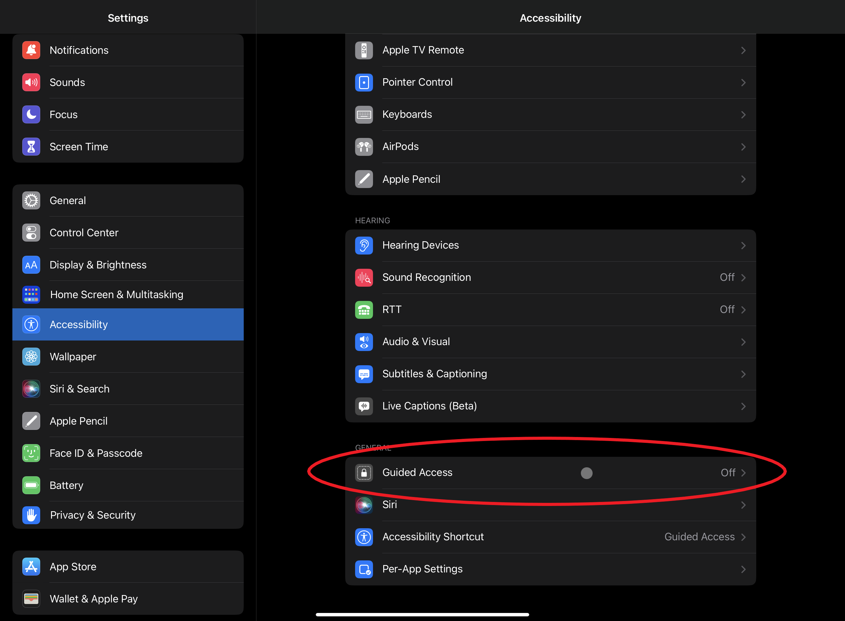 Screenshot showing the Settings menu on the left with the Accessibility option highlighted. On the right is the Accessibility menu with Guided Access circled in red.