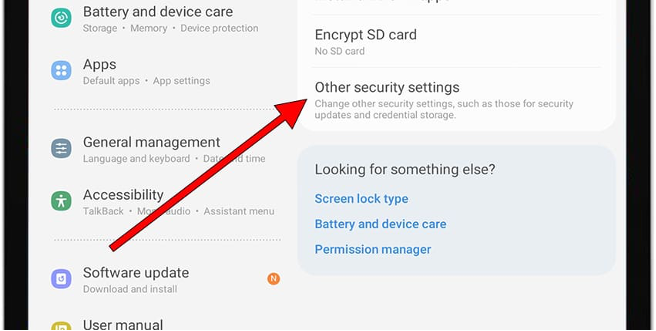 Screenshot showing the security settings menu on a Samsung tablet, with a red arrow pointing to the Other security settings option on the right-hand side of the screen.