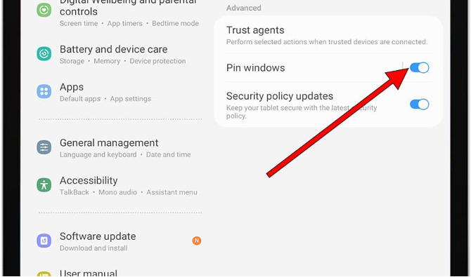Screenshot showing the security settings menu on a Samsung tablet, with a red arrow pointing to the second option from the drop-down menu on the righthand side that says "Pin windows." The toggle beside the words Pin windows is highlighted in blue, indicating it has been turned on.