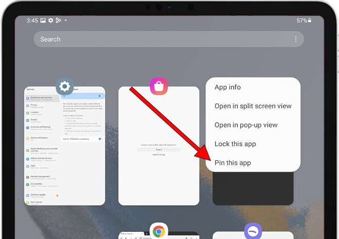 Screenshot of the top half of a Samsung tablet screen showing the recent applications opened. On the far right, the drop-down menu of options displayed from clicking on the ViewSpace Interactives web app icon is shown, with a red arrow pointing to the last option that says "Pin this app."