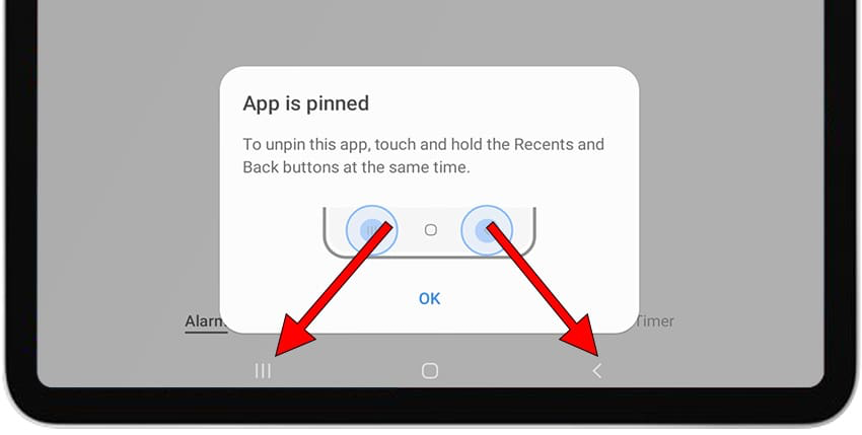 A screenshot of the bottom of a Samsung tablet screen with a pop-up notification that reads "App is pinned, to unpin this app, touch and hold the Recents and Back buttons at the same time." The image has two red arrows pointing to the Recents and back buttons, which are located in the navigation bar at the bottom of the screen.