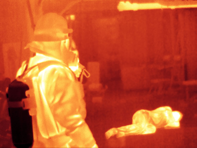 As each slider bar is manipulated, the view transitions from visible light to infrared light. In visible light: In thick smoke, it may be impossible to see even nearby victims. In infrared light: An unconscious fire victim glows brightly in infrared light.