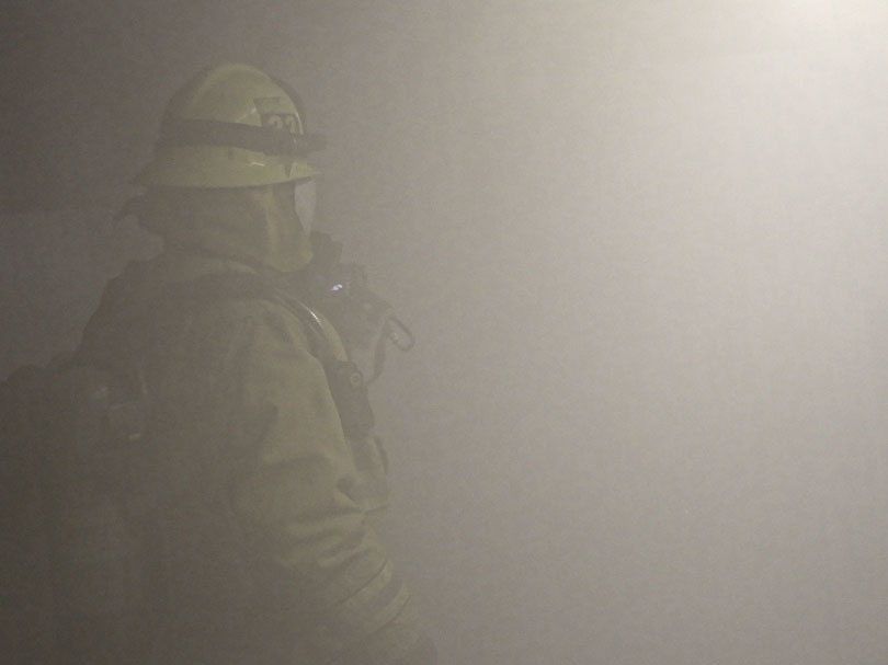 As each slider bar is manipulated, the view transitions from visible light to infrared light. In visible light: In thick smoke, it may be impossible to see even nearby victims. In infrared light: An unconscious fire victim glows brightly in infrared light.
