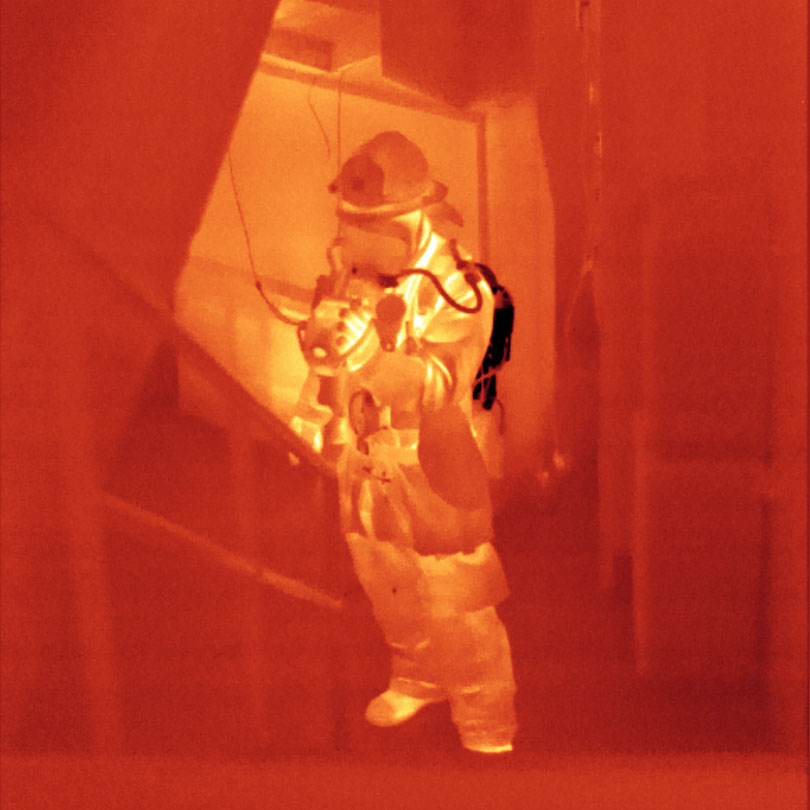 As each slider bar is manipulated, the view transitions from visible light to infrared light. In visible light: Firefighters often have to deal with thick clouds of smoke. In infrared light: Infrared light makes it easy to see through the smoke.