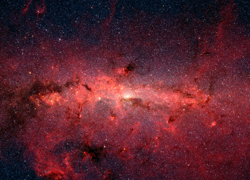 As each slider bar is manipulated, the view transitions from far infrared light to mid infrared light to near infrared light. In far infrared light: These two galaxies have been merging for 800 million years. In mid infrared light: The addition of infrared highlights dusty regions where stars are forming. In near infrared light: The addition of infrared highlights dusty regions where stars are forming.