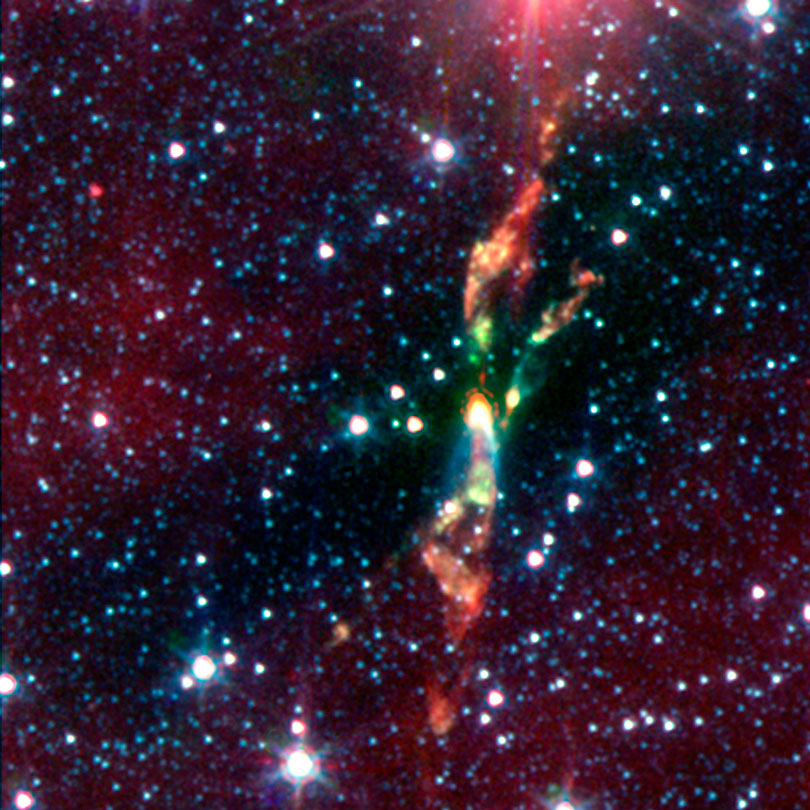 As each slider bar is manipulated, the view transitions from visible light to infrared light. In visible light: One side of the protostellar jet bursts out of the dust cloud. In infrared light: Adding infrared light lets us see the inner workings of the baby star's jet.
