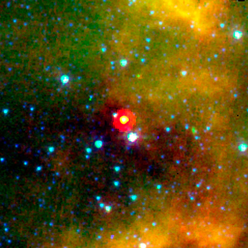As each slider bar is manipulated, the view transitions from visible light to mid infrared light. In visible light: Visible light shows a dark cloud of gas and dust. In mid infrared light: An infant star is cocooned deep within the cloud.