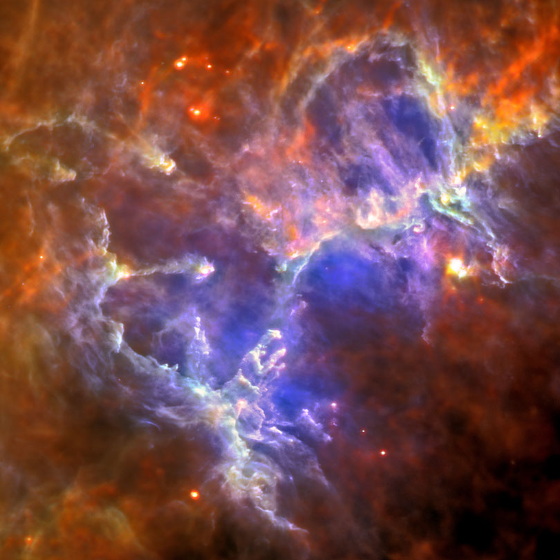 As each slider bar is manipulated, the view transitions from visible light to far infrared light to x-ray light. In visible light: The illumination of the inside of a kind of "cavern" of gas and dust. In far infrared light: Taken by the European Space Agency's Herschel Space Observatory, it reveals the massive, sculpted cavern walls that Webb will see in high definition. In x-ray light: Taken by ESA's XMM-Newton spacecraft, it shows the massive stars doing the sculpting, pouring off hot, ionizing winds that push back the gas and dust.