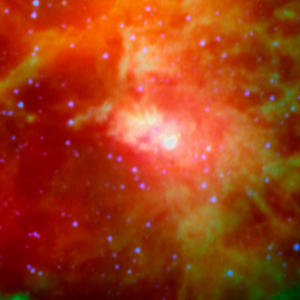 As each slider bar is manipulated, the view transitions from visible light to infrared light to x-ray light. In visible light: A cloud of dust shrouds a stellar nursery, but light from hidden, massive, newborn stars illuminates and carves out structures in the dust. In infrared light: The heated dust within the nebula glows (red and green), while stars behind the dust shine through (blue). In x-ray light: The most massive stars in the nebula that sculpt and carve the nebula shine with X-ray light.