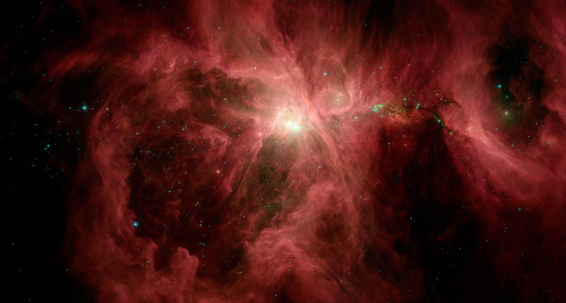 As each slider bar is manipulated, the view transitions from visible light to near infrared light to mid infrared light. In visible light: The Orion Nebula shines with the glow of hot gas. In near infrared light: Dust begins to glow in the infrared. In mid infrared light: Mid-infrared light shows the warm dust (red).