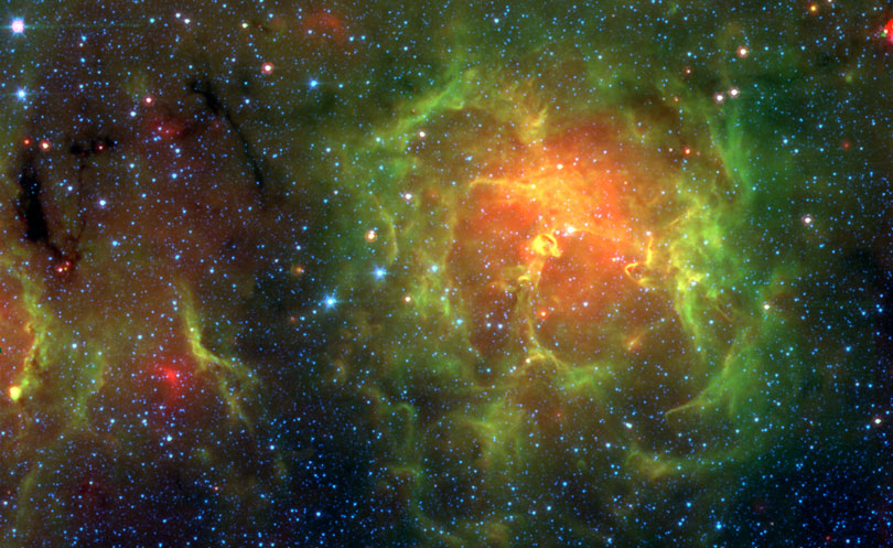 As each slider bar is manipulated, the view transitions from visible light to mid infrared light. In visible light: The Trifid Nebula glows in visible light. In mid infrared light: Deeper in the infrared, the warmest dust begins to glow red.