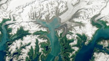 Satellite image of land, ocean water, and glacier ice