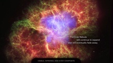 Image of the Crab Nebula showing a purple clover-like center region surrounding by orange, purple, and green filaments.