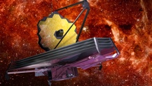 Illustration of Webb Telescope in front of red space background.